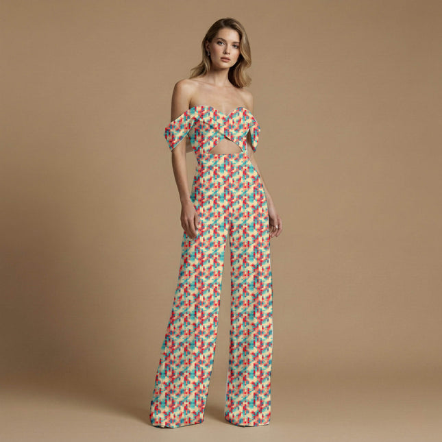 teal blue geometric print fabric draped — maxi dress styling