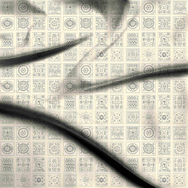 Slate Grey Intricate Geometric Stencil Motifs Print Fabric