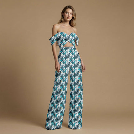 teal abstract print fabric draped — co-ord set styling