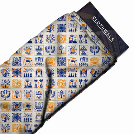 cobalt blue floral print fabric draped — palazzo suit styling