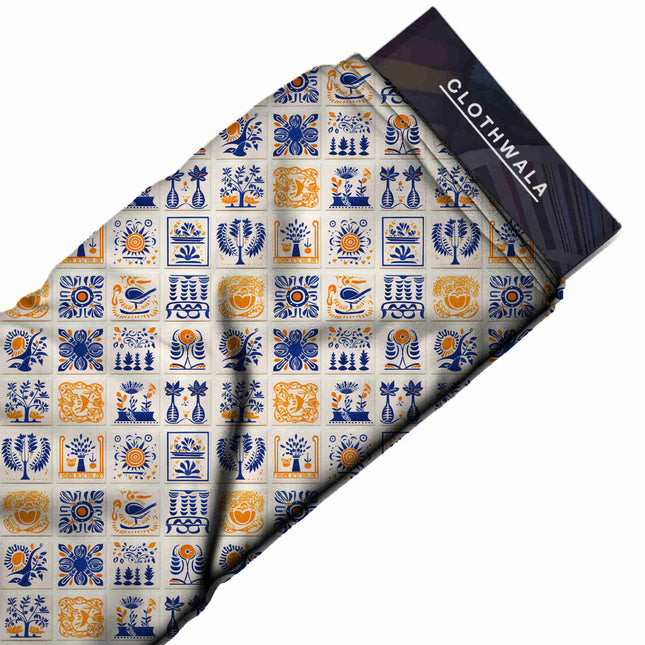 cobalt blue floral print fabric draped — palazzo suit styling