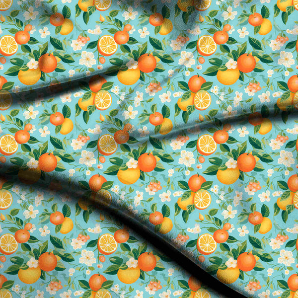 Teal Blue Juicy Citrus Fruits And Delicate Print Fabric