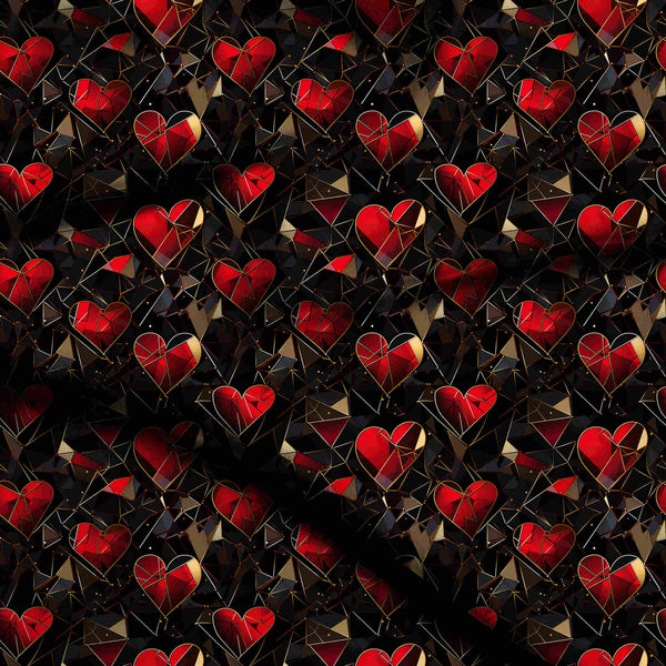Ruby Red Faceted Ruby Hearts On Print Fabric
