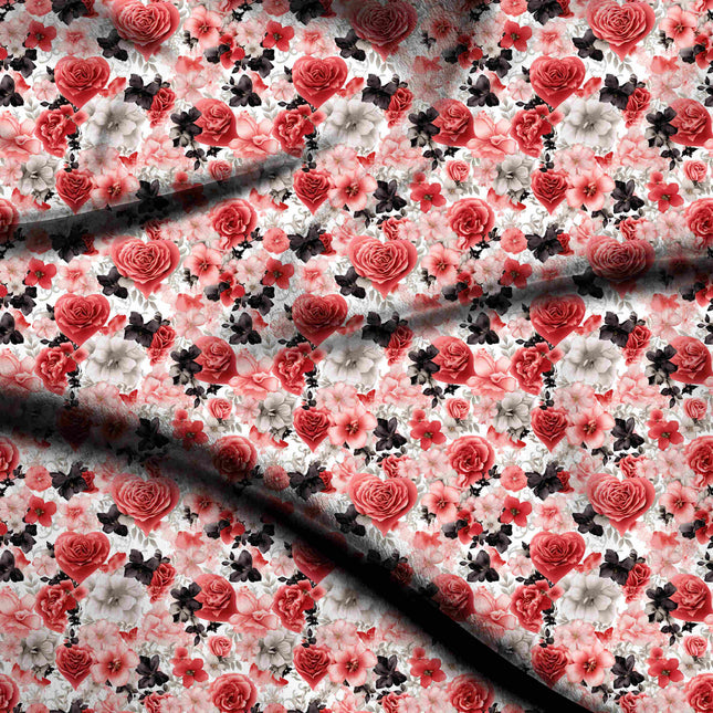 Crimson Red Floral Digital Print Fabric | Lehenga Dress Maxi | Romantic Garden Party - 1029