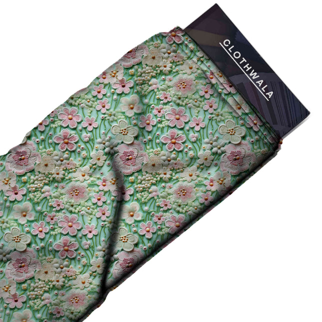 mint green floral print fabric draped — maxi dress styling