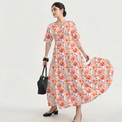 Peach Floral Digital Print Fabric for Maxi | Office Wear - Image 9