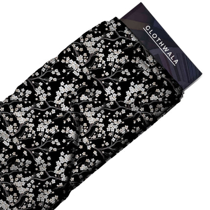 jet black floral all-over print pattern — medium scale repeat layout