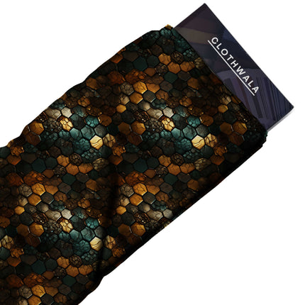 dark teal geometric print fabric draped — lehenga skirt styling