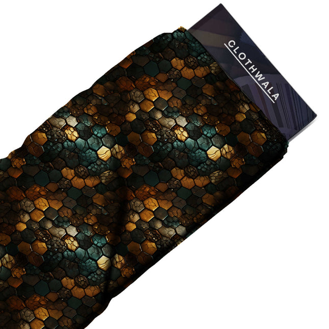dark teal geometric print fabric draped — lehenga skirt styling
