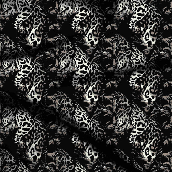 Jet Black Dense Layered Monochromatic Snow Leopard Print Fabric