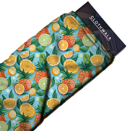 sky blue tropical fabric detail — matte finish digital print closeup
