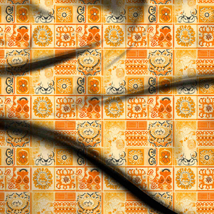 saffron orange ethnic digital print fabric texture — medium scale closeup