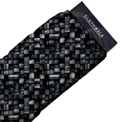 charcoal grey geometric print fabric draped — structured trousers styling