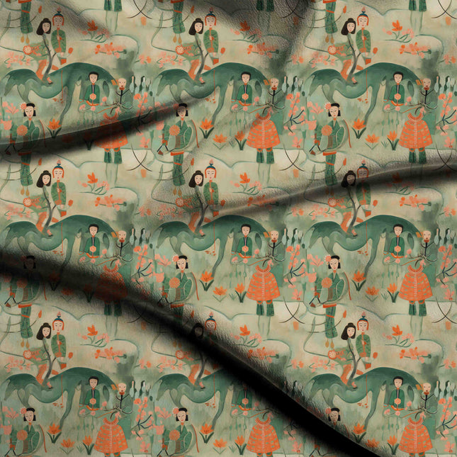 forest green ethnic digital print fabric texture — medium scale closeup