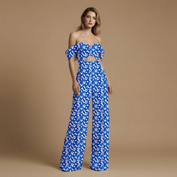 Cobalt Blue Interlocking Diagonal Grid Print Fabric