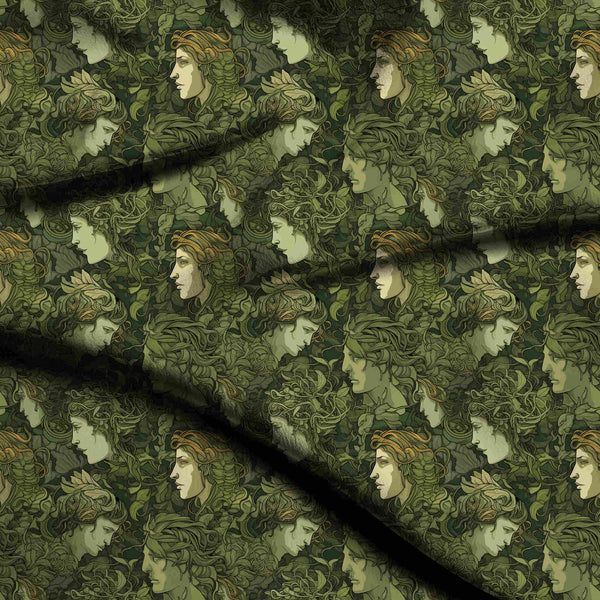 Olive Green Art Nouveau Style Faces Intertwined Print Fabric