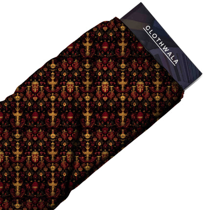 crimson red ethnic all-over print pattern — medium scale repeat layout