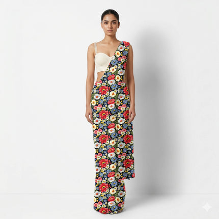Midnight Blue Floral Digital Print Fabric for Dress | Abstract Luxe Wear - Image 2