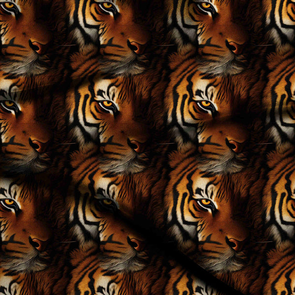 Burnt Sienna Dense Repeating Majestic Tiger Faces Print Fabric
