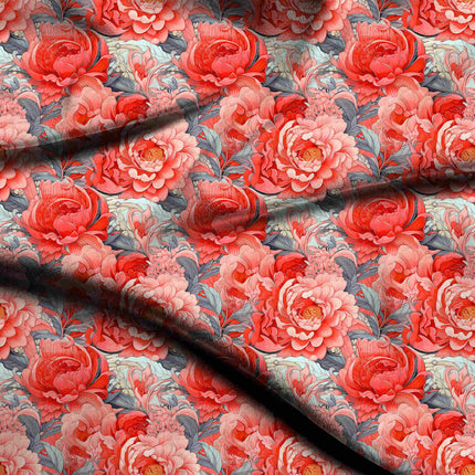 coral red floral digital print fabric texture — large scale closeup