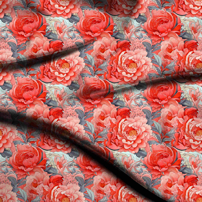 coral red floral digital print fabric texture — large scale closeup