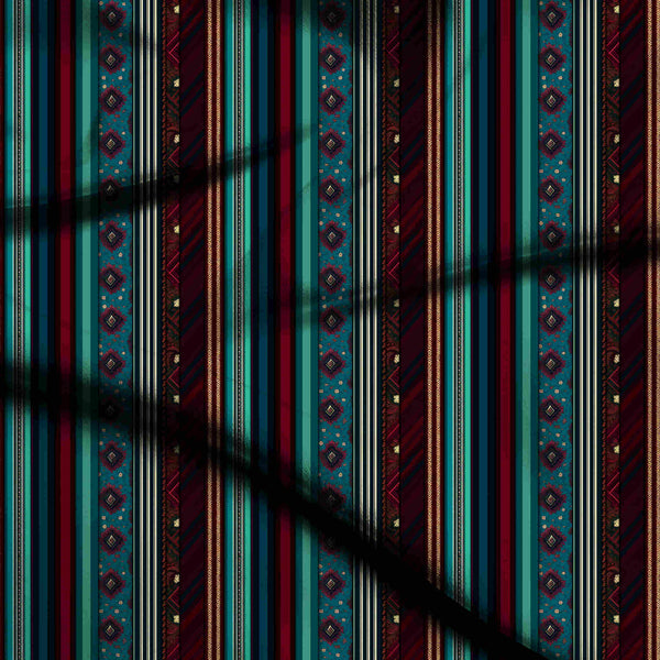 Teal Bold Geometric And Floral Stripes Print Fabric