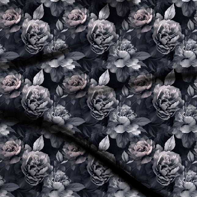 charcoal black floral digital print fabric texture — large scale closeup