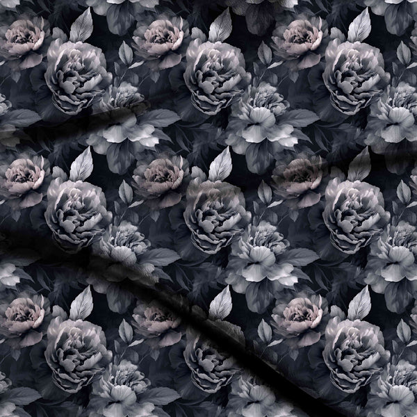 Charcoal Black Dramatic Large-scale Grayscale Peony Floral Print Fabric