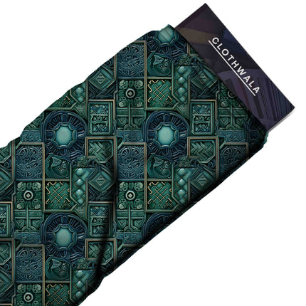 emerald green ethnic all-over print pattern — medium scale repeat layout