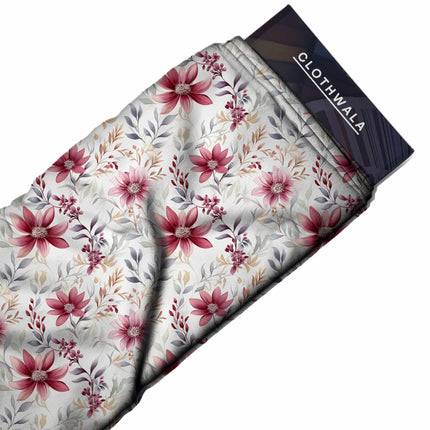 cranberry floral print fabric draped — maxi dress styling
