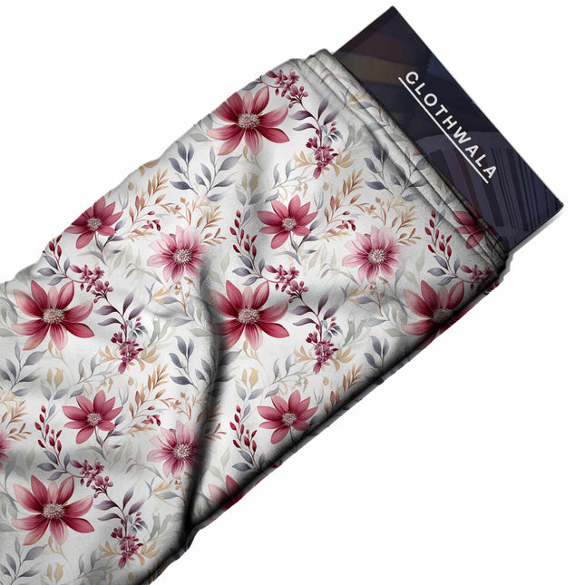 cranberry floral print fabric draped — maxi dress styling