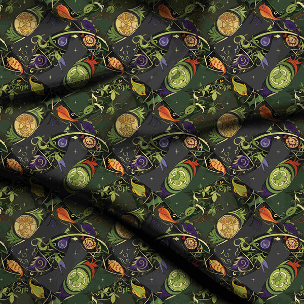 Forest Green Stylized Folklore Birds Print Fabric