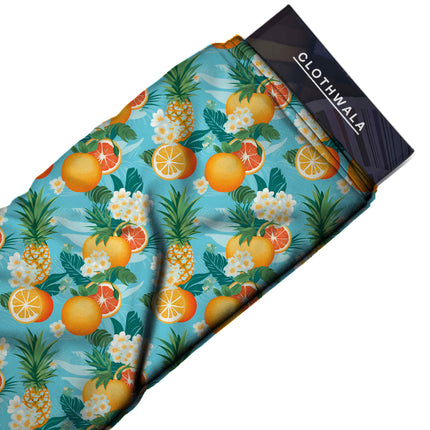 azure blue tropical print fabric draped — maxi dress styling