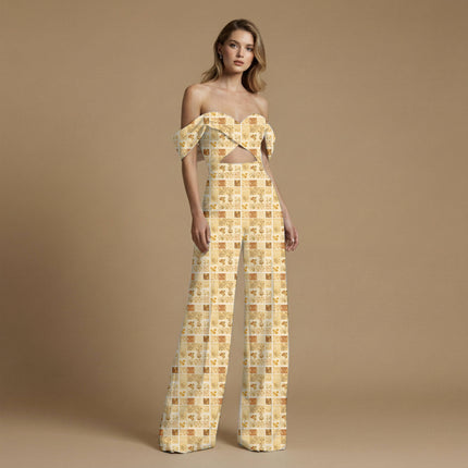ivory cream floral print fabric draped — palazzo suit styling