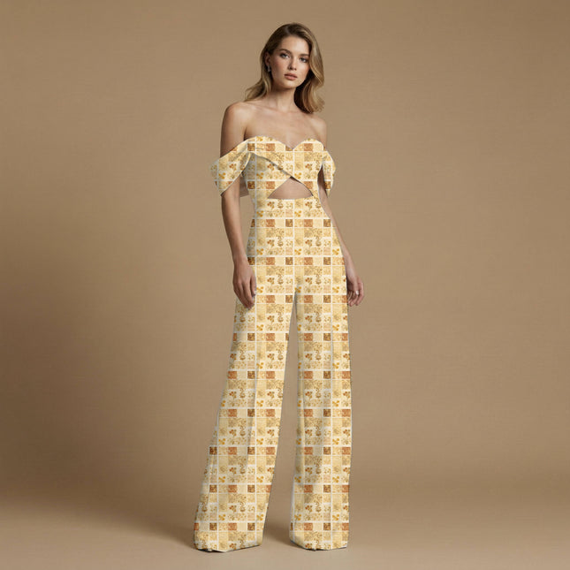 ivory cream floral print fabric draped — palazzo suit styling