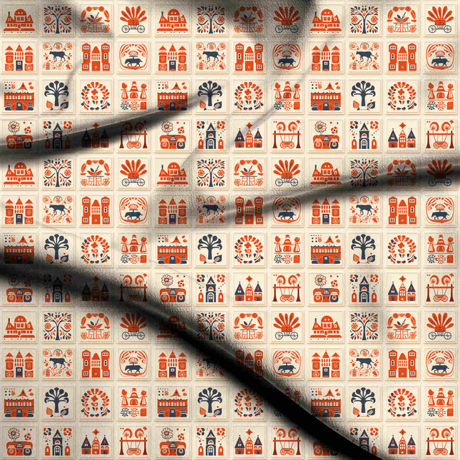 terracotta orange ethnic digital print fabric texture — medium scale closeup