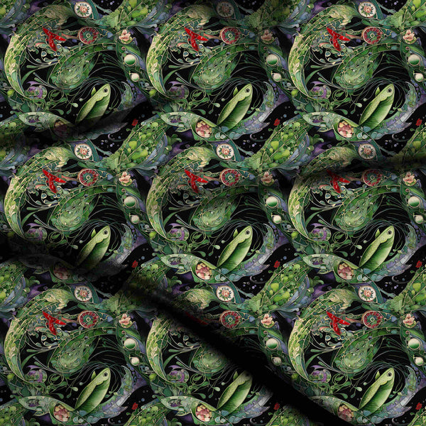 Forest Green Art Nouveau Inspired Underwater Scene Print Fabric