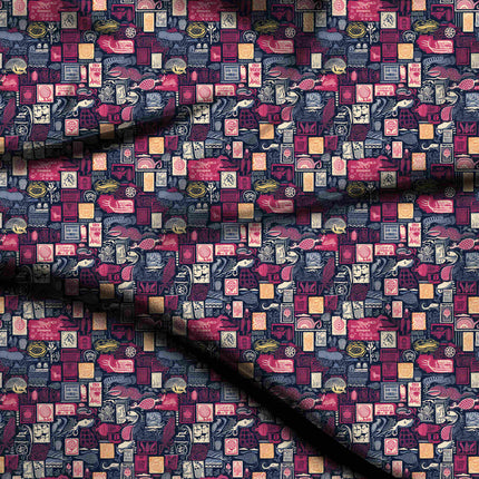midnight blue ethnic digital print fabric texture — medium scale closeup