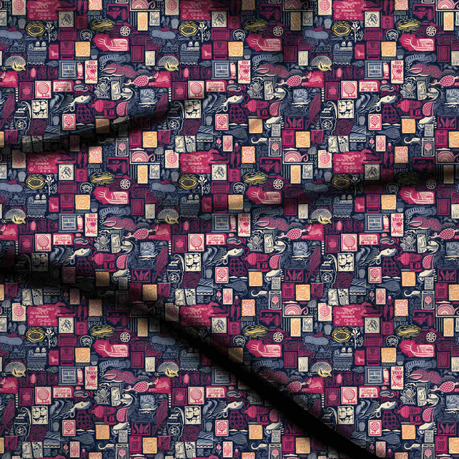 midnight blue ethnic digital print fabric texture — medium scale closeup