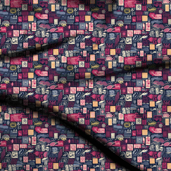 Midnight Blue Dense Collage Of Folk Art Print Fabric