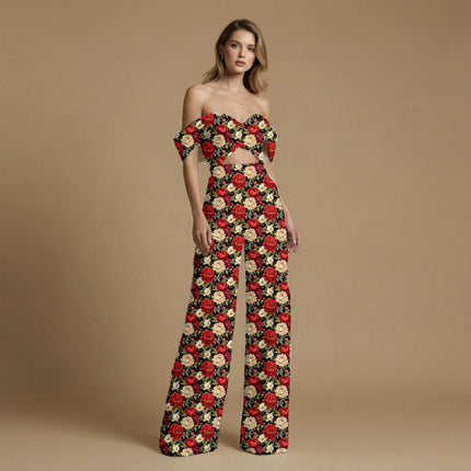 crimson floral print fabric draped — palazzo pants styling