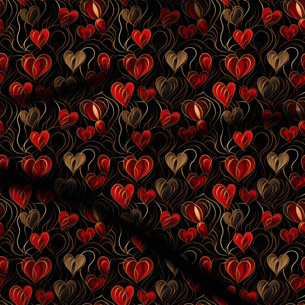 Jet Black Stylized Layered Hearts Print Fabric