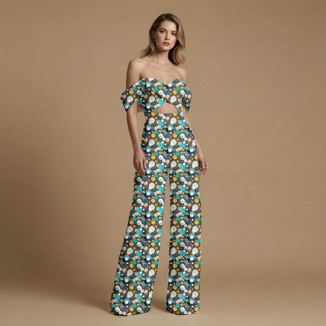 cyan blue abstract print fabric draped — jumpsuit styling