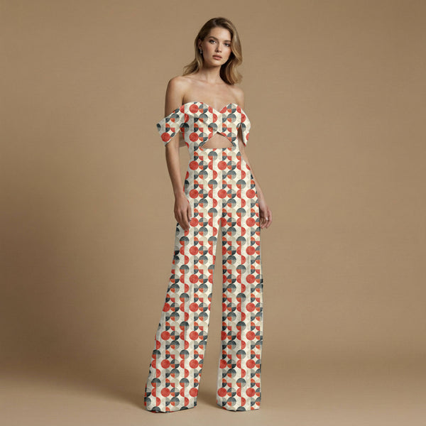 Ivory Cream Interlocking geometric circles with quartered Kaftan Fabric