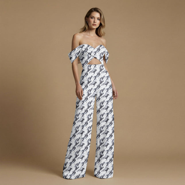 jet black abstract print fabric draped — co-ord set styling