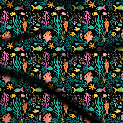 jet black tropical digital print fabric texture — medium scale closeup
