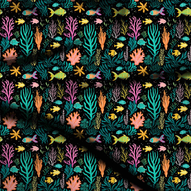 jet black tropical digital print fabric texture — medium scale closeup