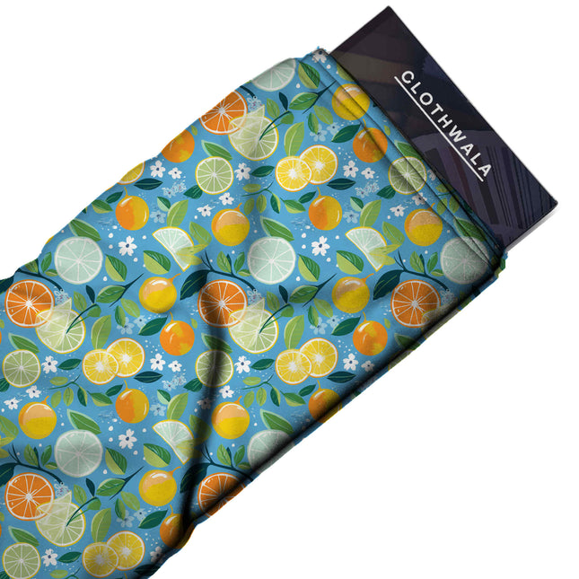 cerulean blue tropical print fabric draped — kaftan styling