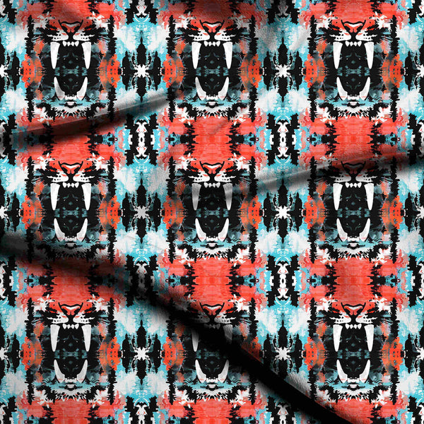 Fiery Coral Symmetrical Roaring Tiger Face Print Fabric