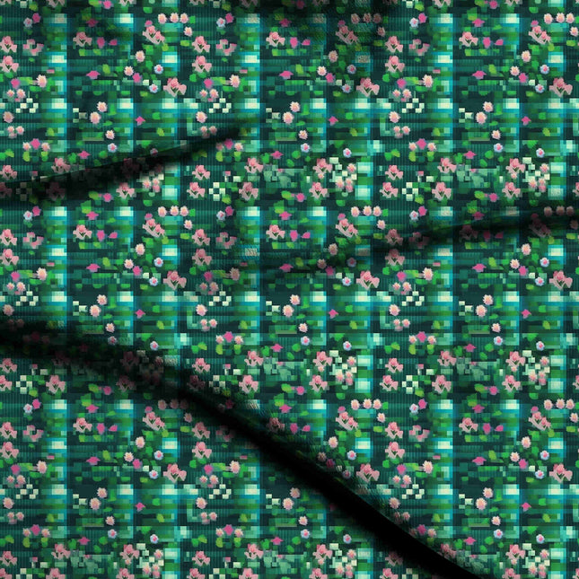 deep teal floral digital print fabric texture — fine scale closeup